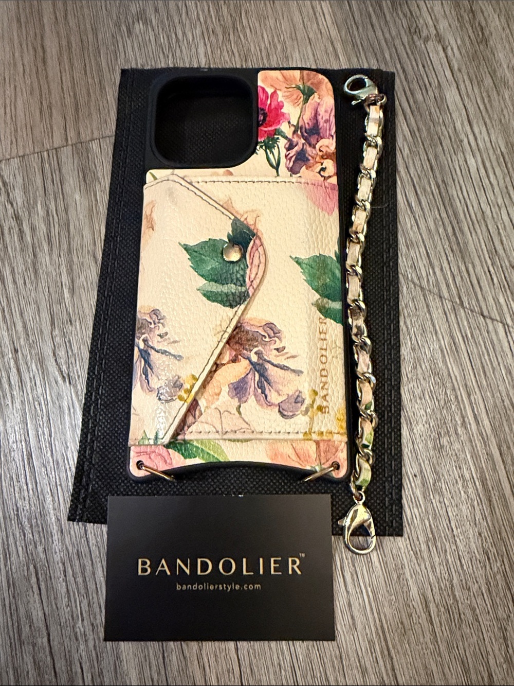 Bandolier Cream Floral Leather Card Phone Case with Gold Chain